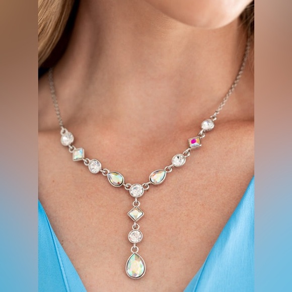 paparazzi Jewelry - Forget the Crown - Silver Iridescent Rhinestone Y-Necklace